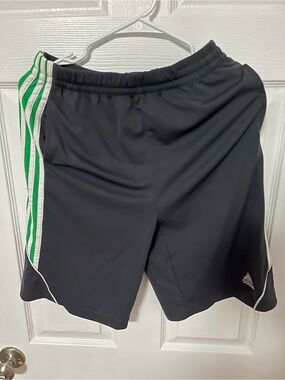 adidas Men’s Black Athletic Shorts with Green & White Side Stripes